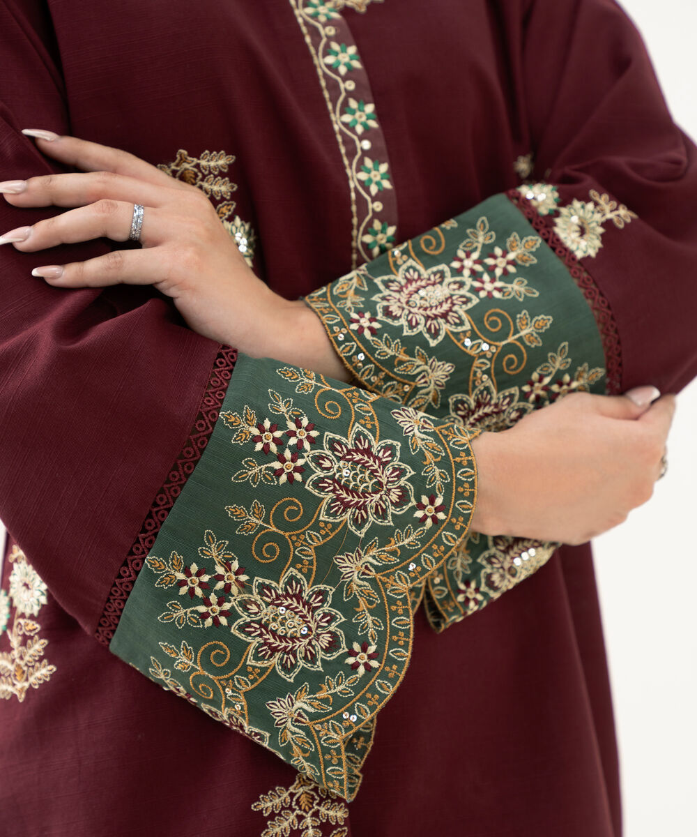 Women's RTW Light Khaddar Red Embroidered Straight Shirt