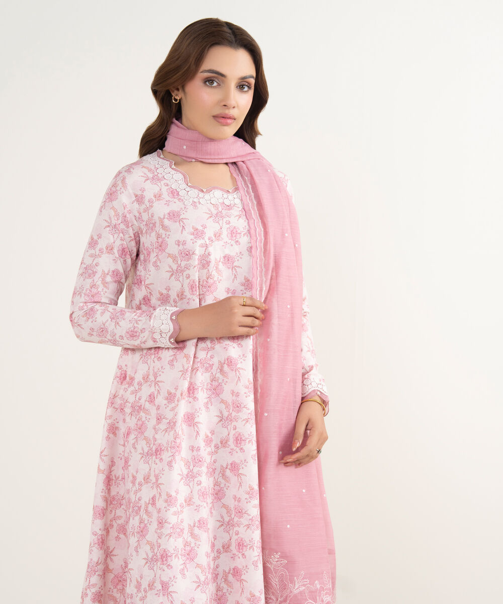 Women's Unstitched Zari Lawn Embroidered Pink 3 Piece Suit