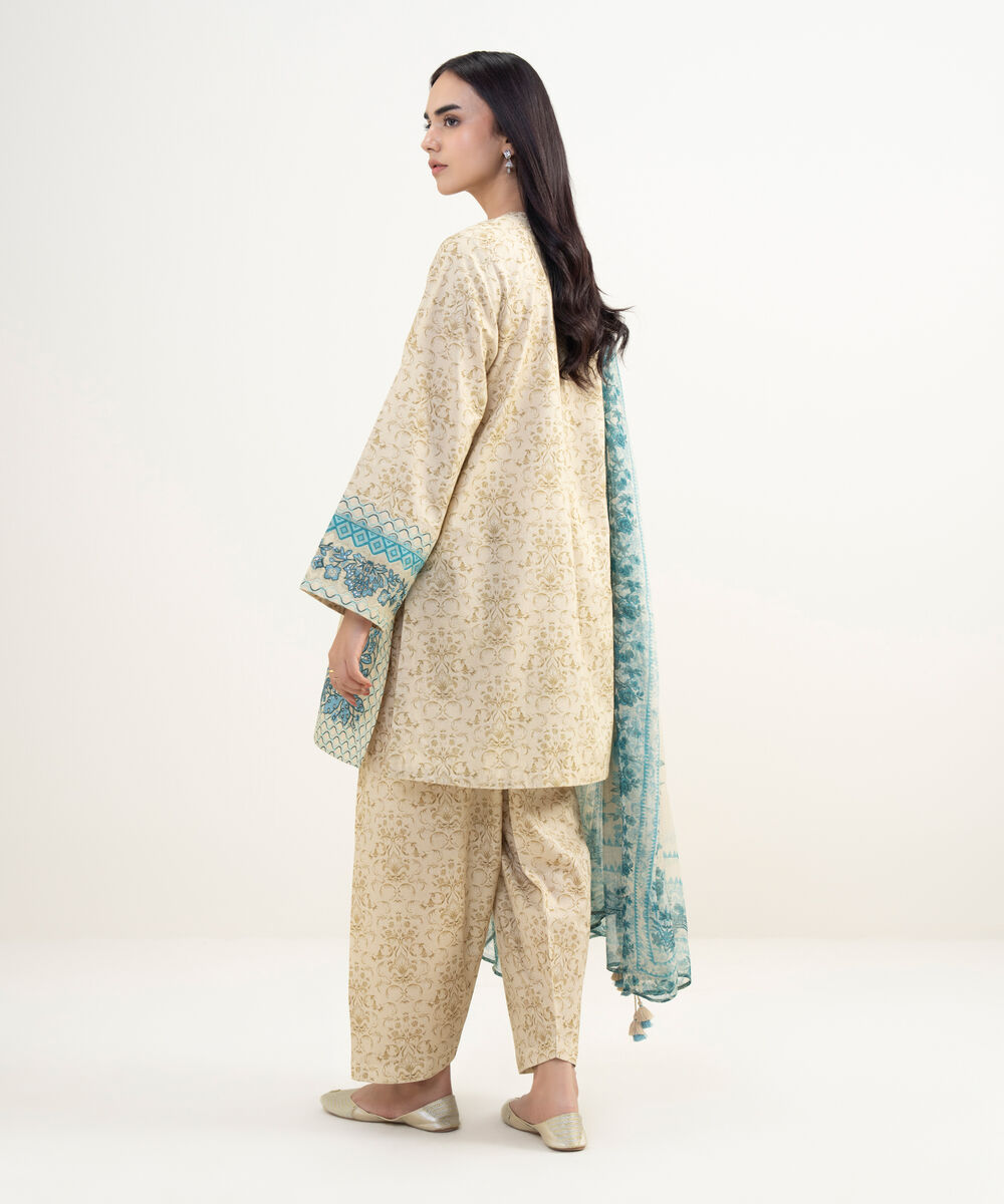 Women's Unstitched Lawn Embroidered Beige   3 Piece Suit