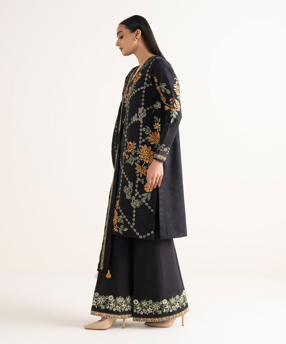 Women's Unstitched Cotton Jacquard Embroidered Black 3 Piece Suit