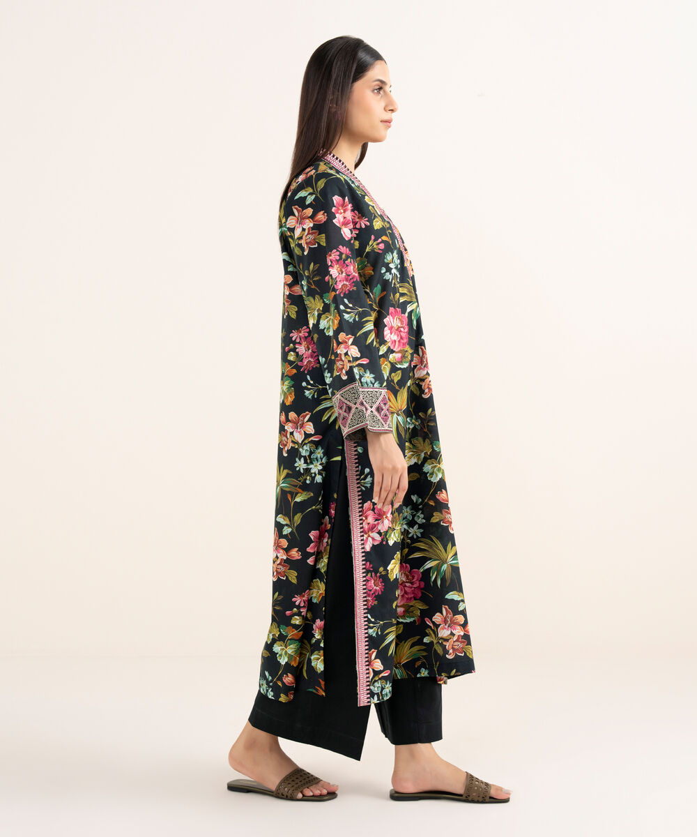 Women's RTW Textured Lawn Black Embroidered Straight Shirt