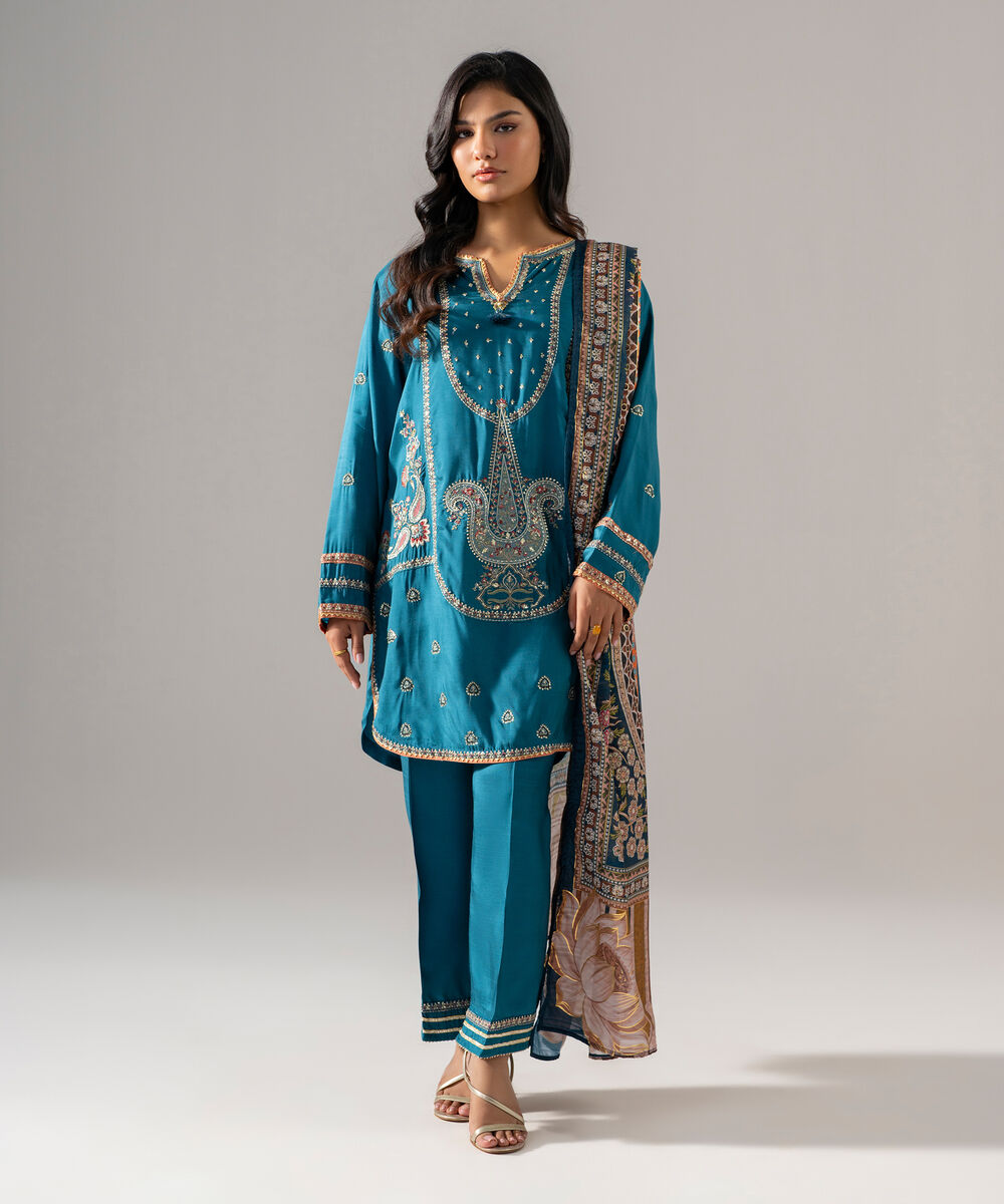 Women's RTW Bright Raw Silk Embroidered Blue 3 Piece Suit