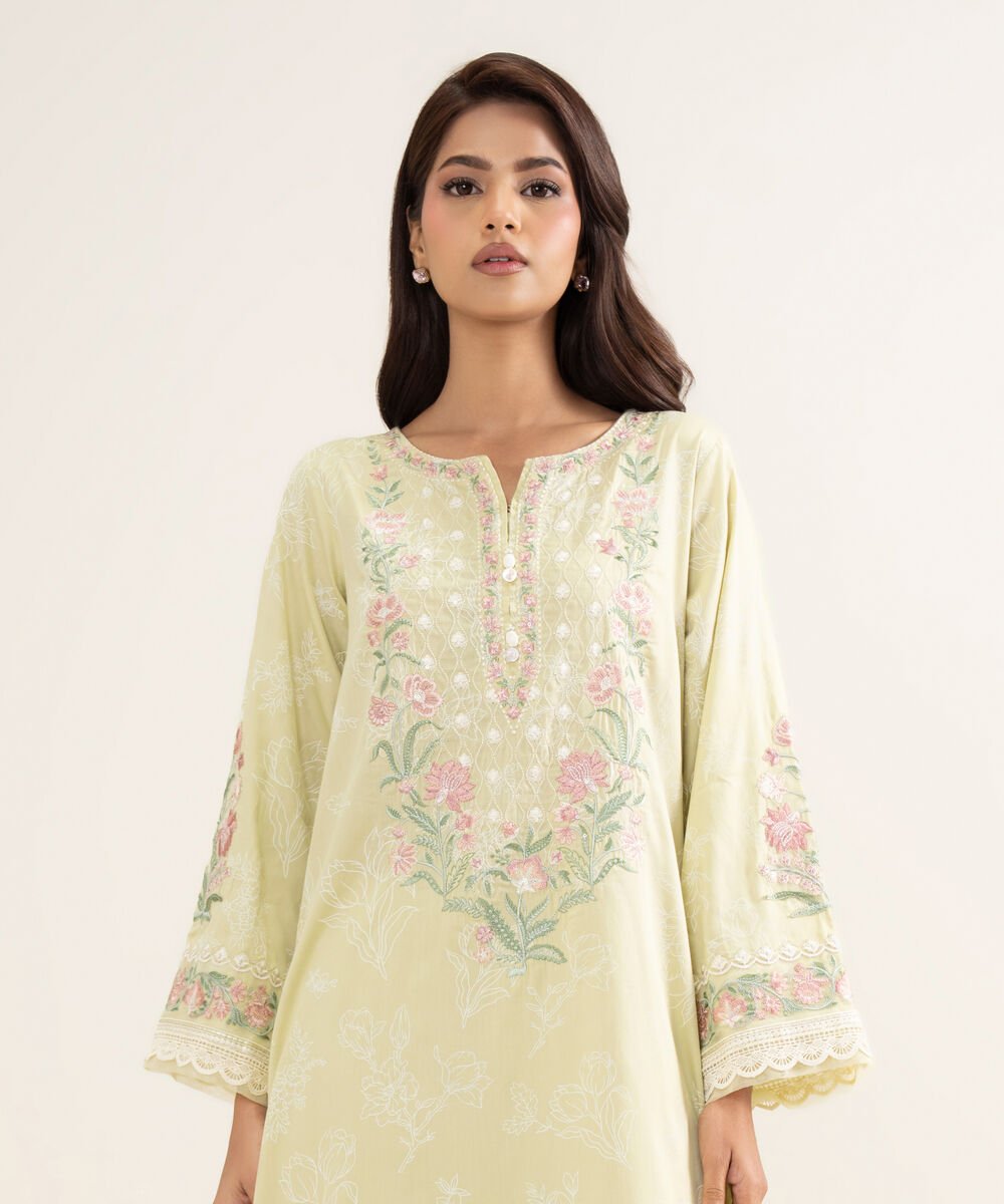 Women's RTW Premium Cotton Satin Embroidered Yellow A-Line Shirt