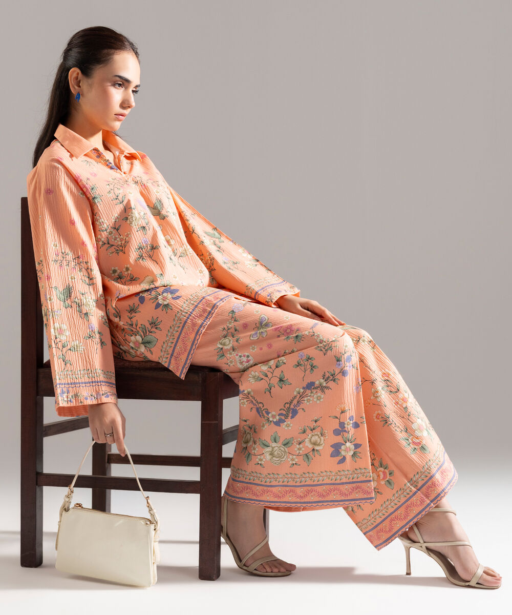 Women's RTW Seersucker Printed Peach 2 Piece Suit