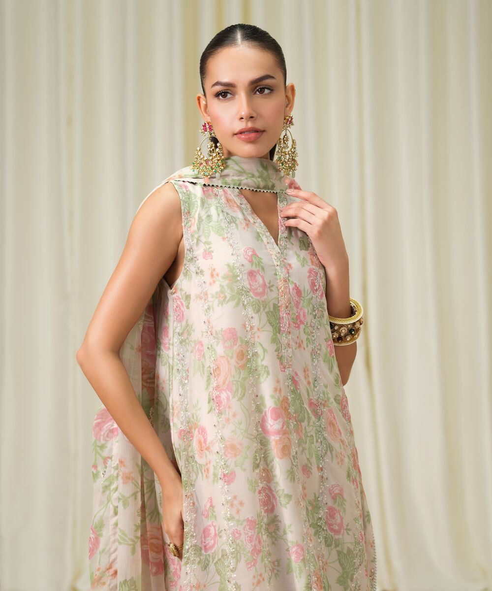 Women's Unstitched Blended Chiffon Embroidered Beige 3 Piece Suit