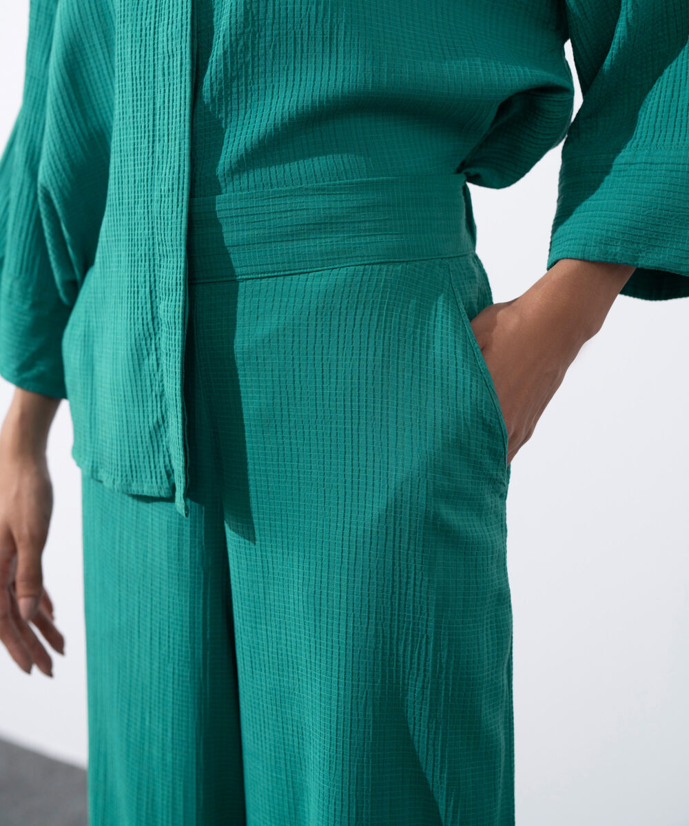 Women's Western Wear Green Wide-Leg Textured Trousers