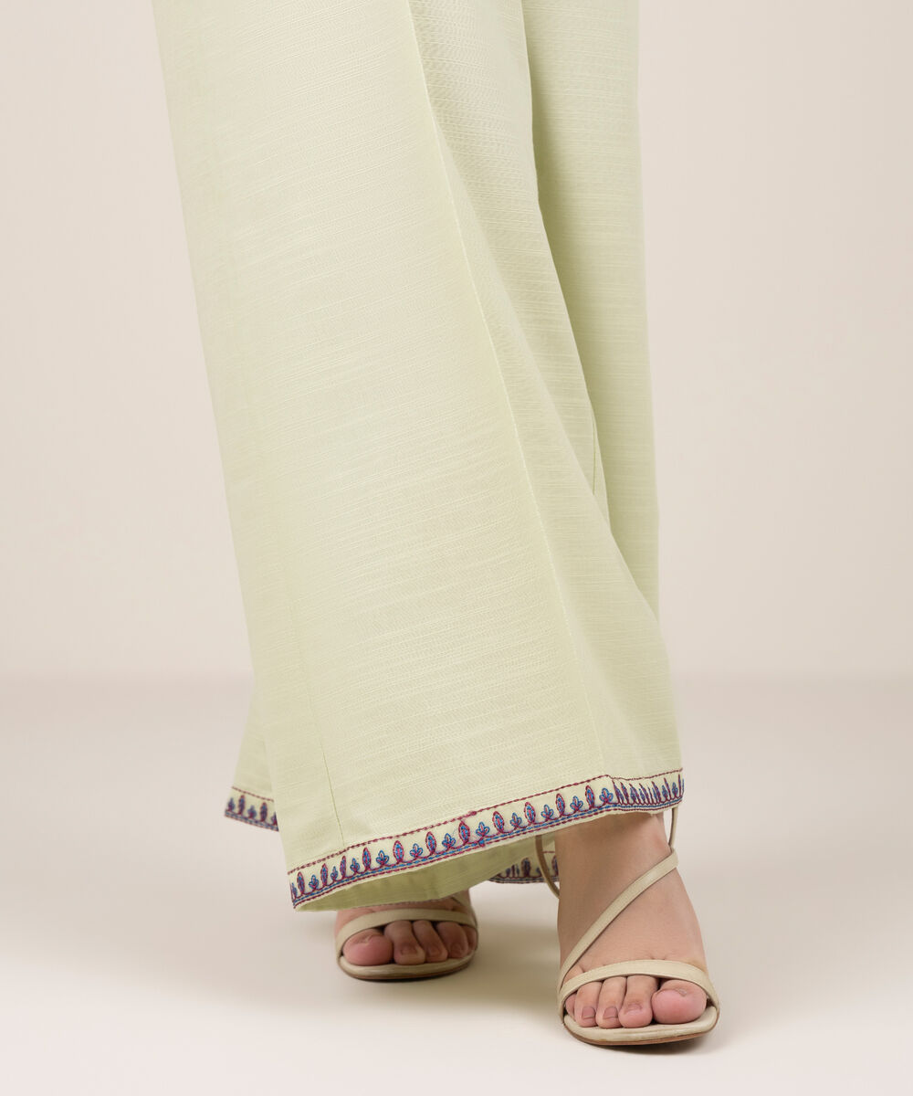 Women's RTW Khaddar Embroidered Mint Green Flared Pants