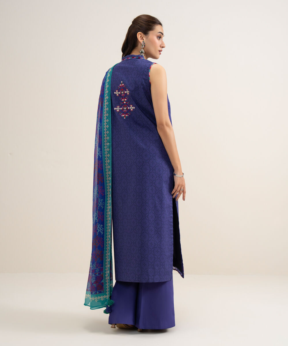 Women's Unstitched Lawn Embroidered Blue 3 Piece Suit