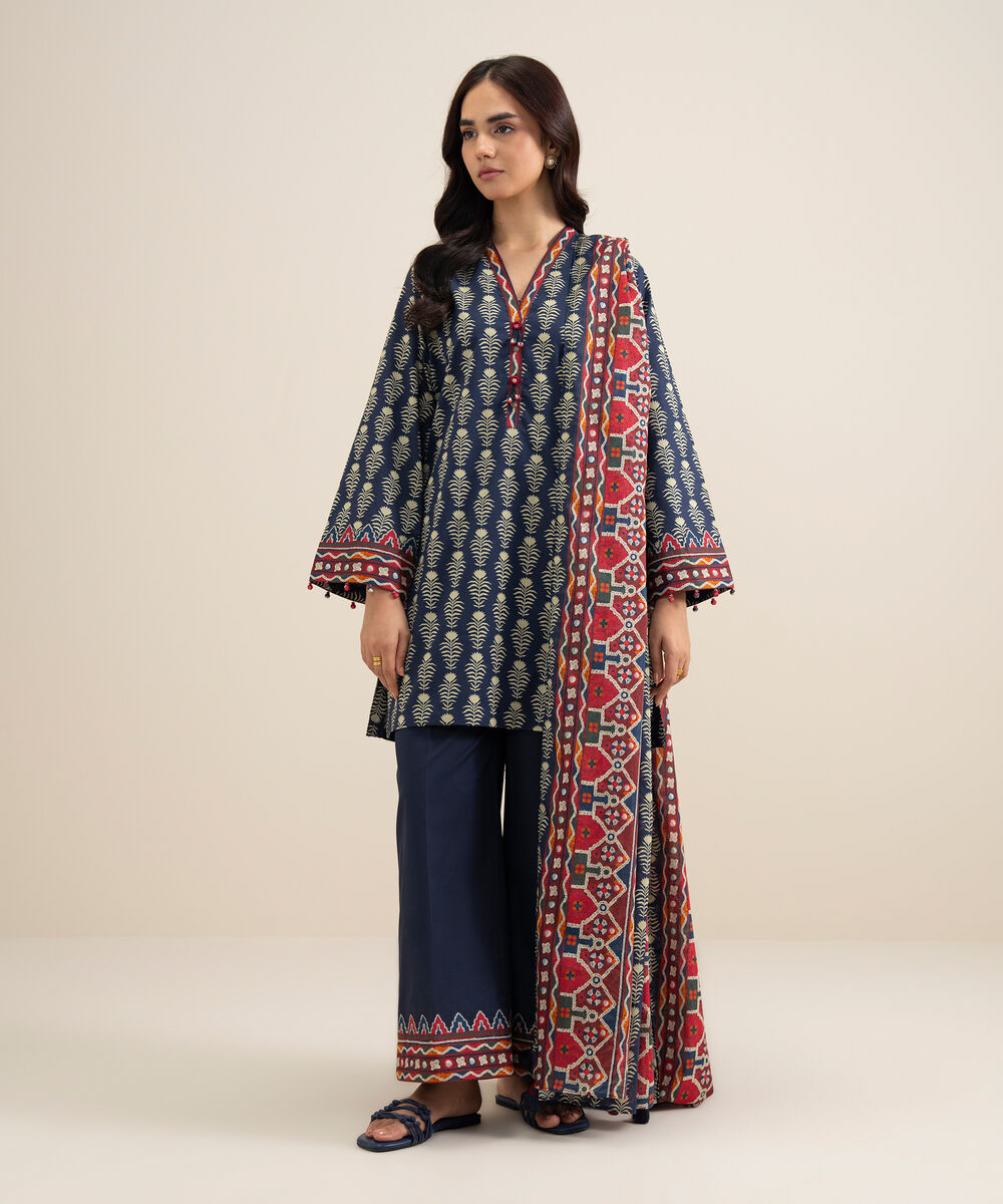 Women's Unstitched Lawn Printed Navy Blue 3 Piece Suit