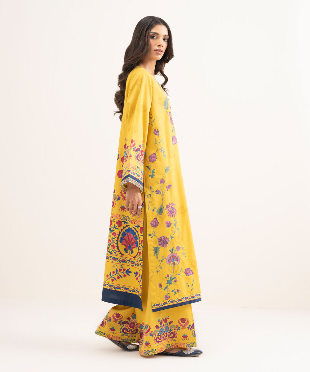 Women's RTW Cotton Satin Embroidered Yellow Straight Shirt