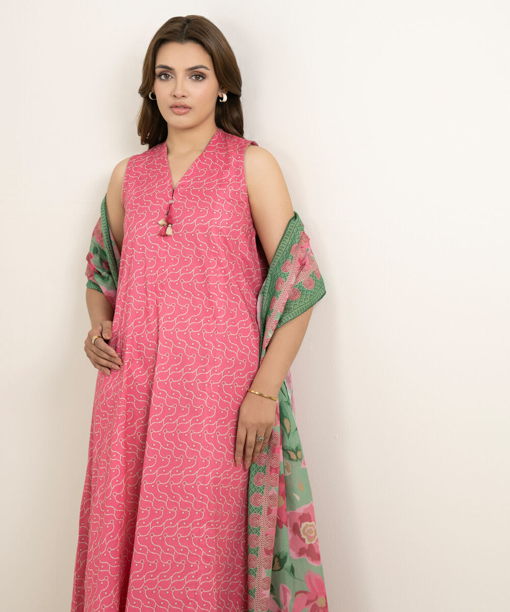 Women's Unstitched Lawn Printed Pink  2 Piece Suit