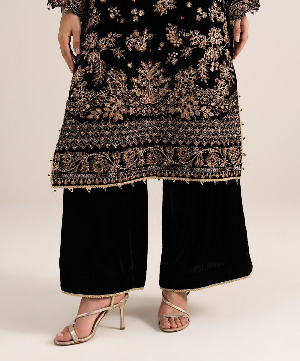 Women's Unstitched Embroidered Velvet Black 3 Piece Suit