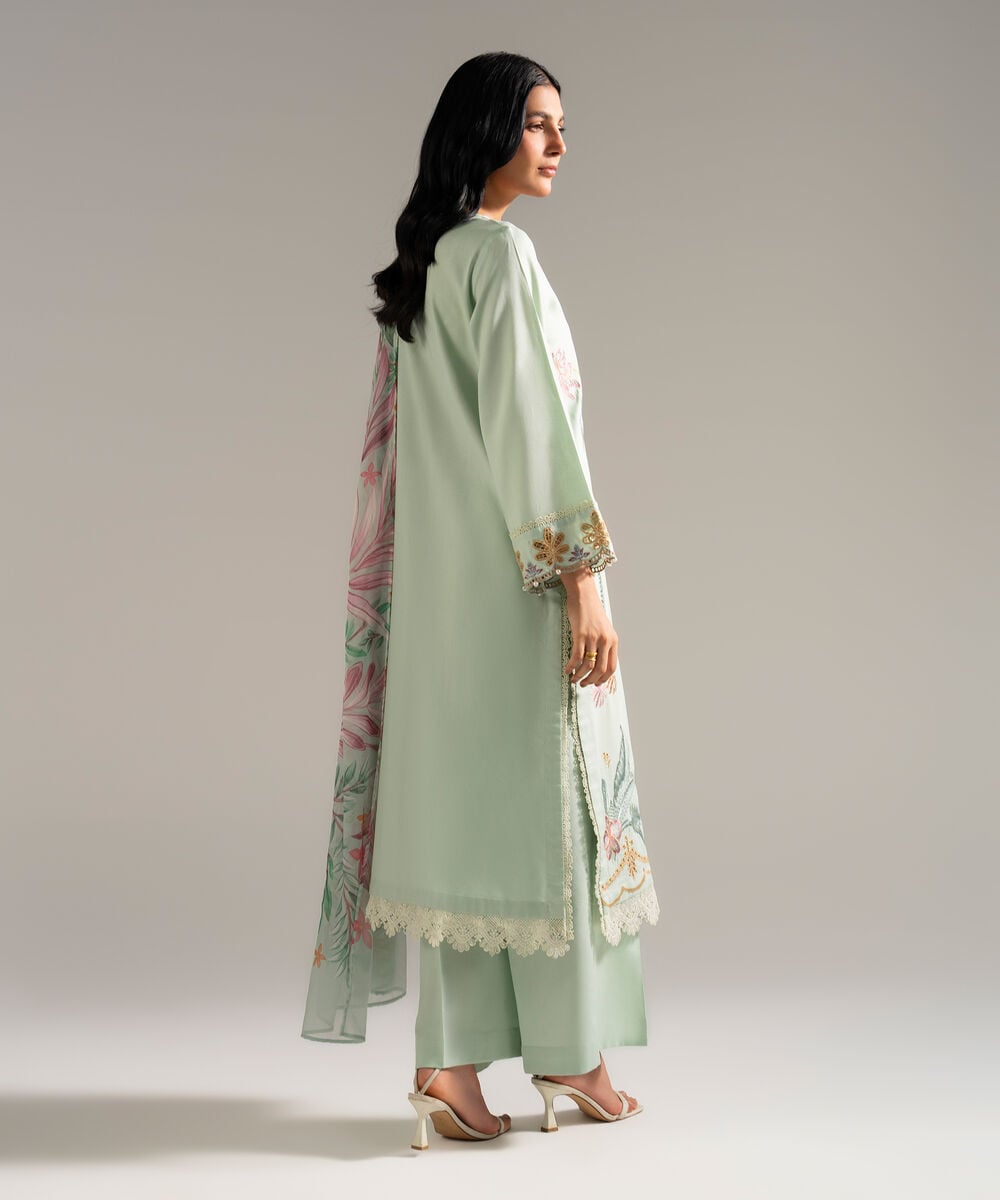 Women's RTW Dobby Crepe Embroidered Green 3 Piece Suit