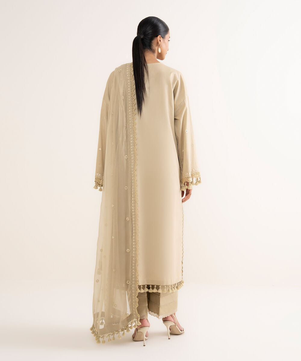 Women's Unstitched Lawn Embroidered Beige 3 Piece Suit