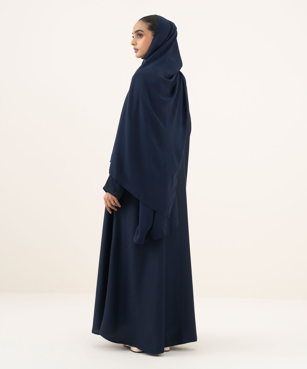 Women's navy blue button through Abaya with embroidery