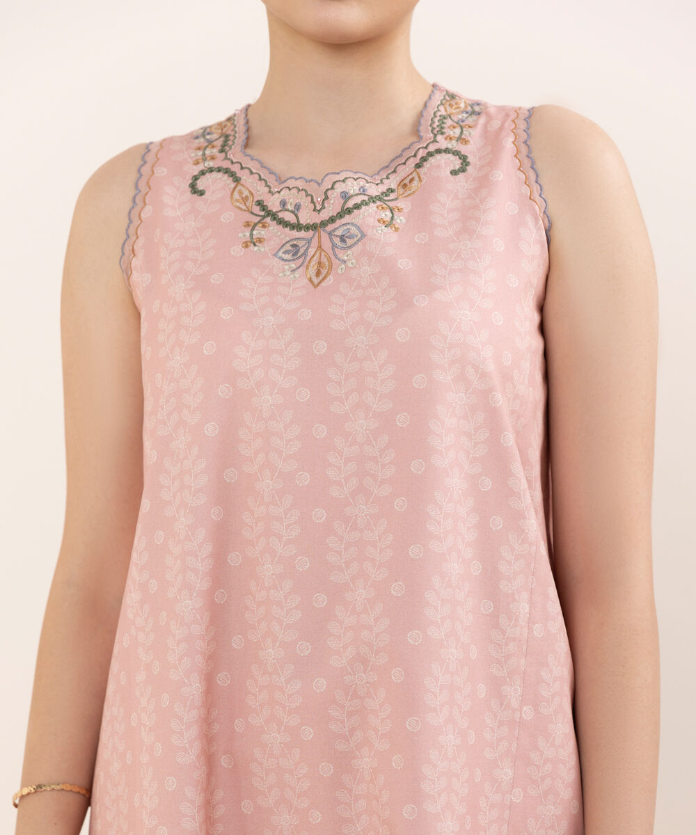 Women's Unstitched Cotton Embroidered Pink Three Piece Suit