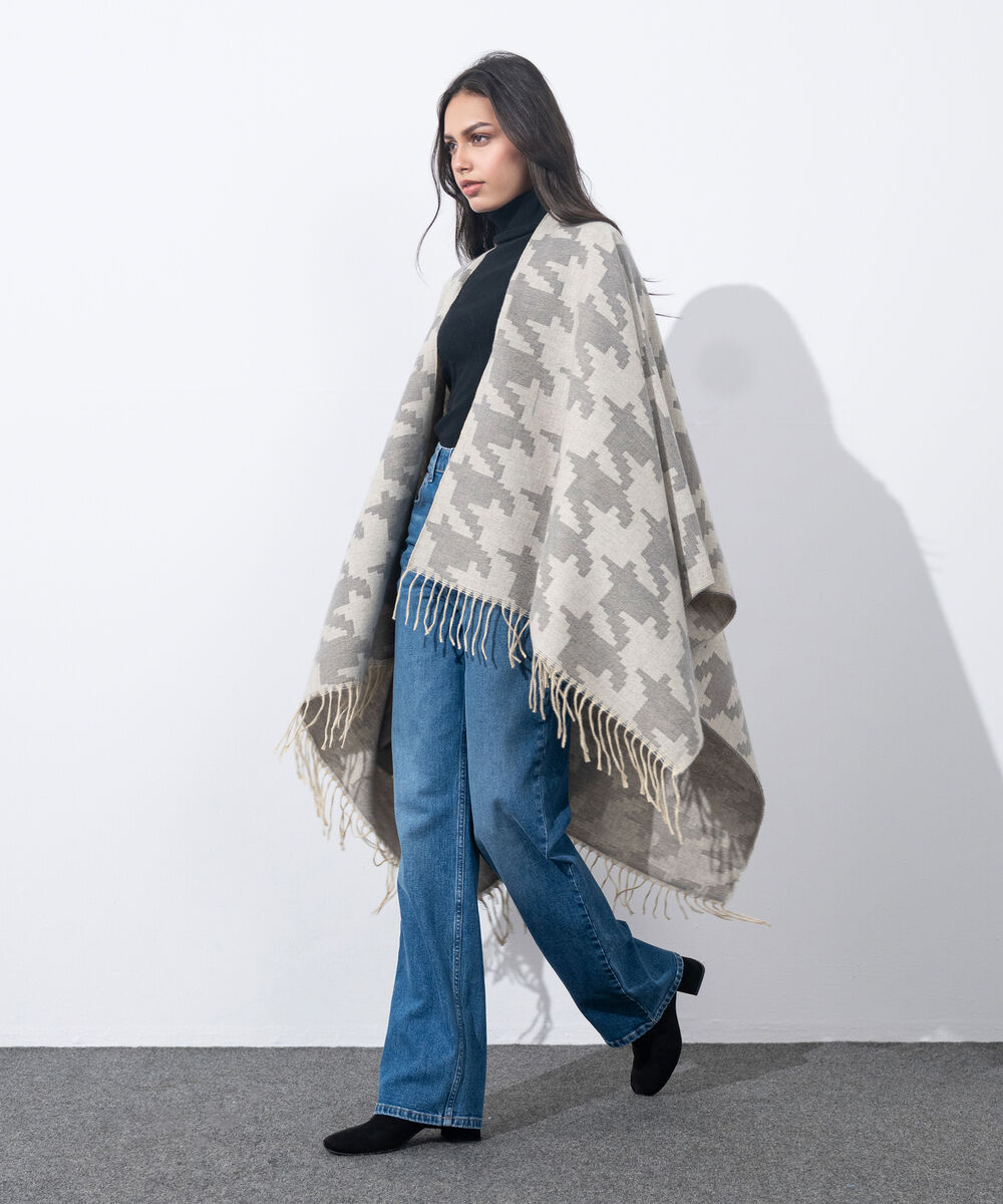 Women's Western Wear Off White & Grey Houndstooth Cape Shawl