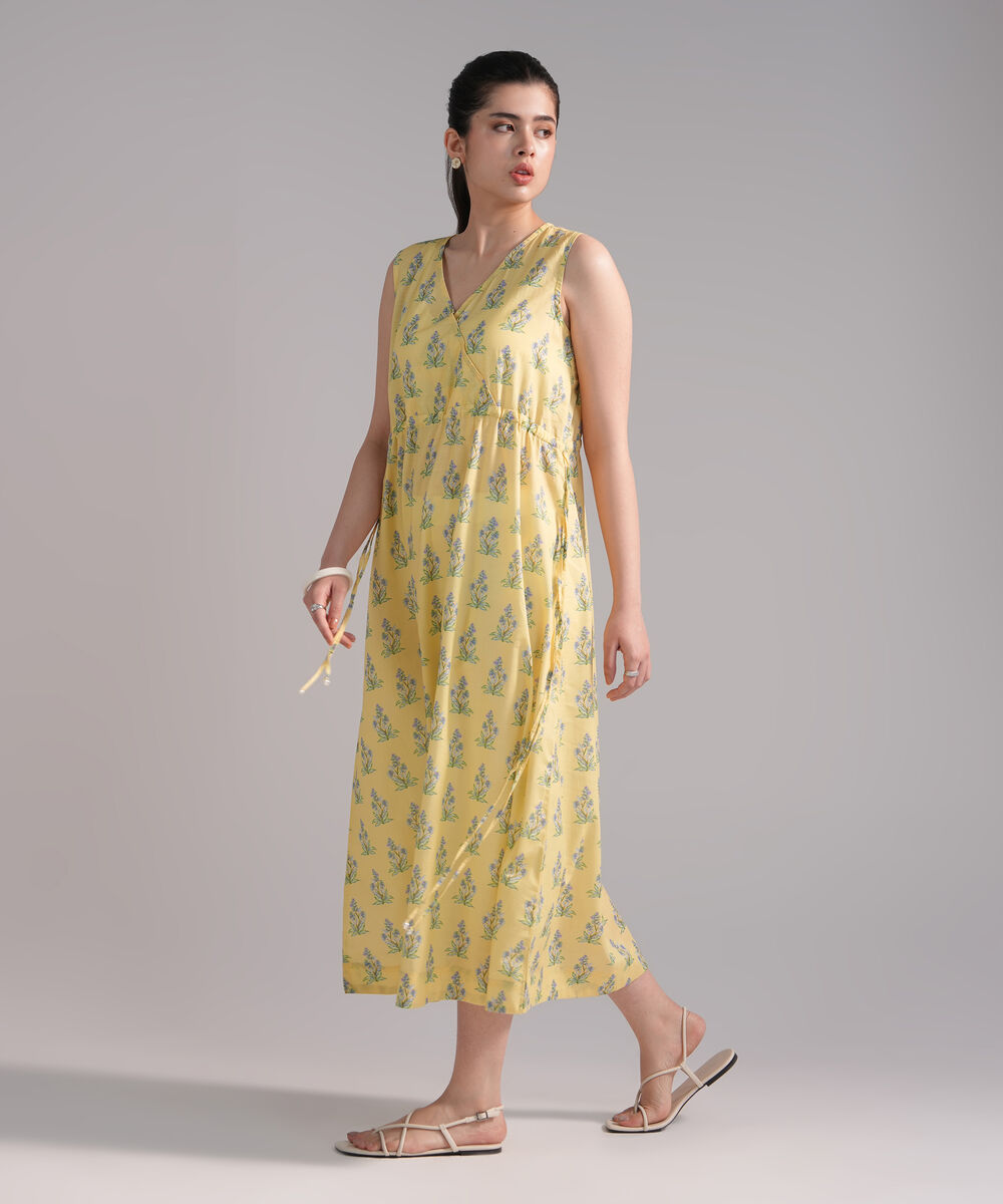 Women's RTW Slub Lawn Printed Yellow Dress Shirt