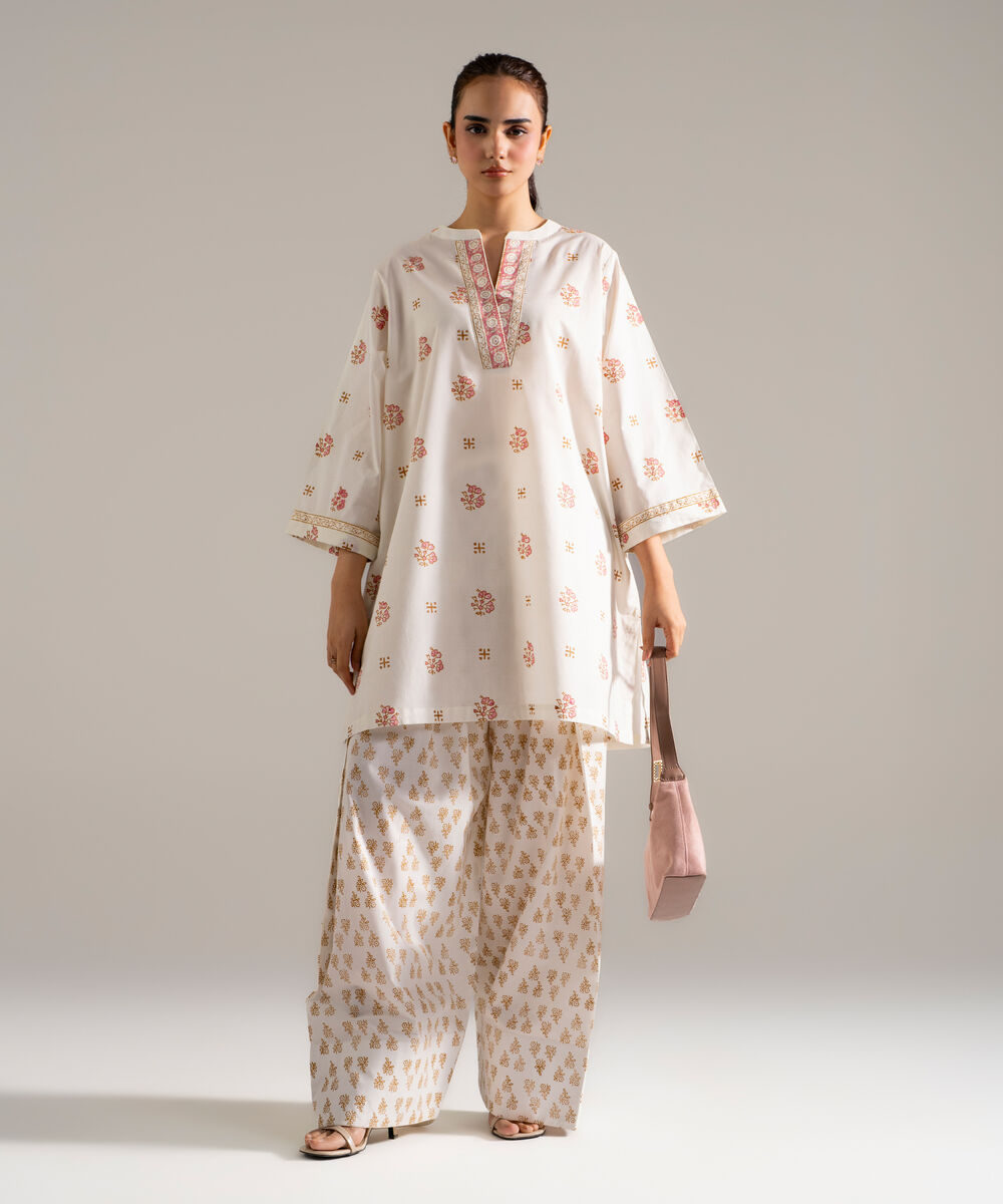 Women's RTW Lawn Printed Off White Straight Shirt