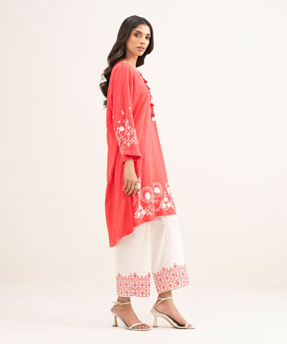 Women's RTW Arabic Self Jacquard Embroidered Pink Straight Shirt