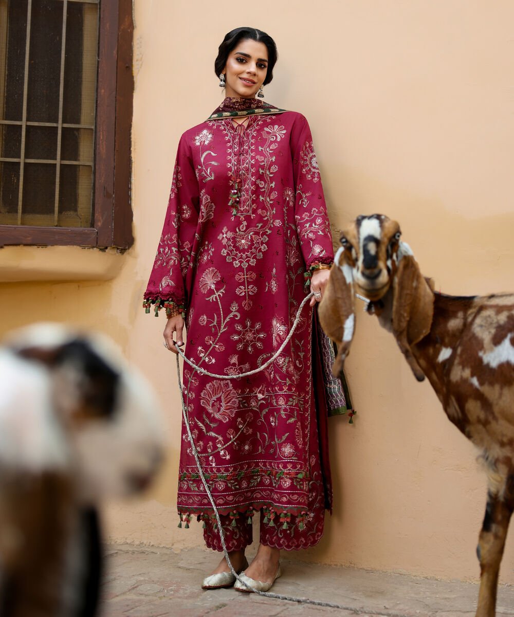 Women's Unstitched Textured Lawn Embroidered Pink 3 Piece Suit