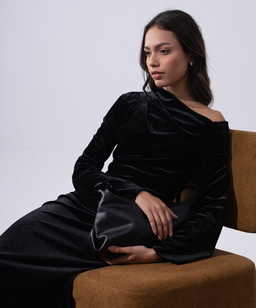 Women's Western Wear Black Polyester Velvet Off-Shoulder Dress