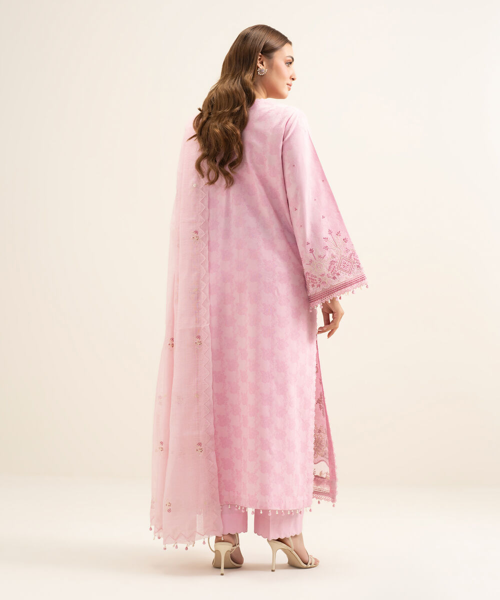 Women's Unstitched Cotton Jacquard Embroidered Pink 3 Piece Suit