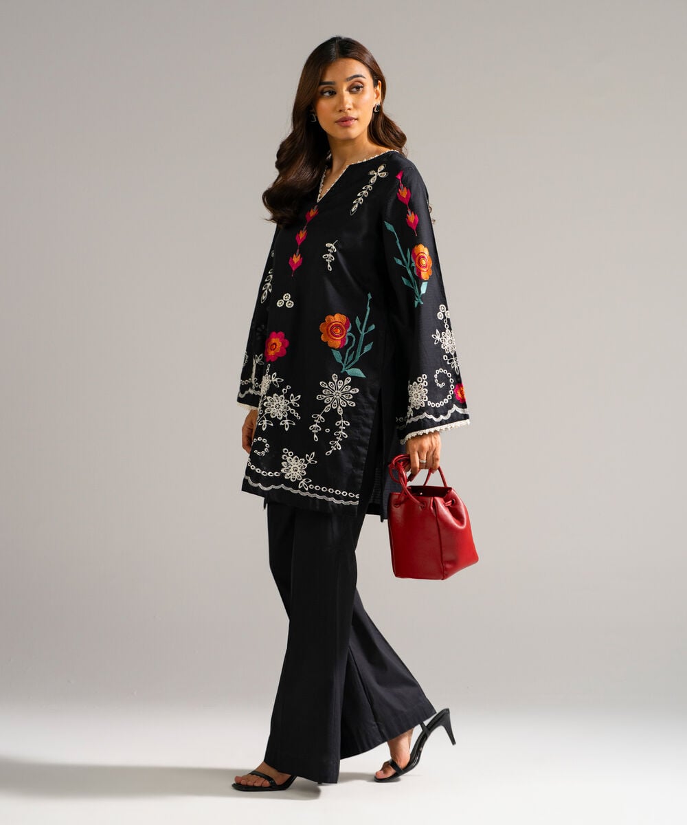 Women's RTW Dobby Embroidered Black Straight Shirt