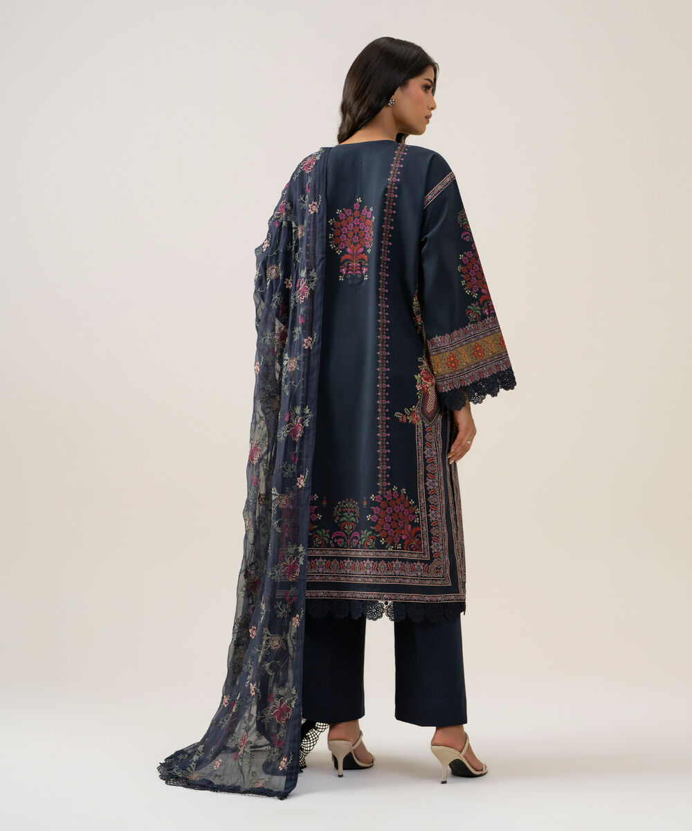 Women's Unstitched Blended Chiffon Printed Plum 3 Piece Suit
