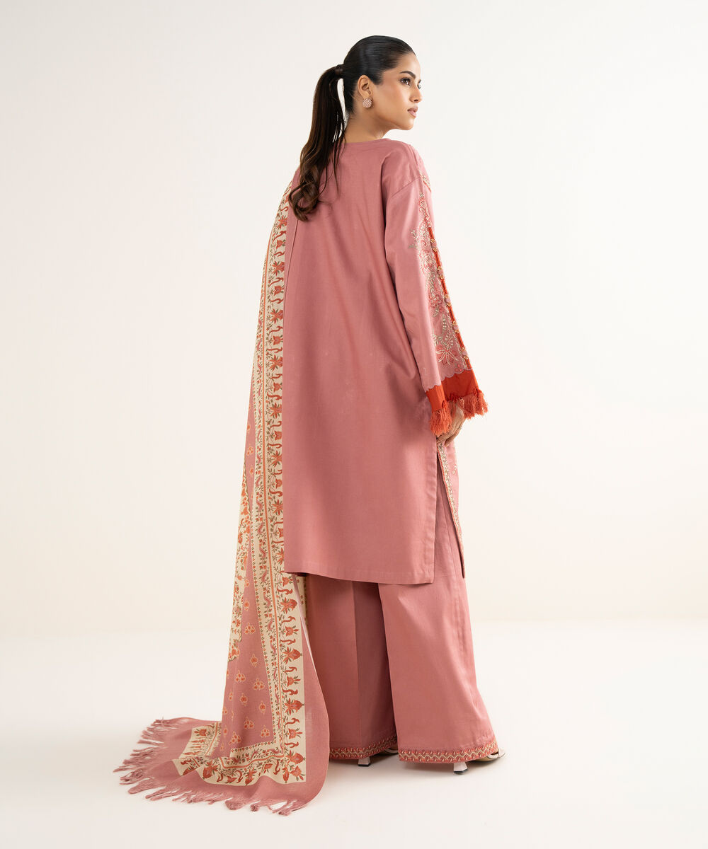 Women's Unstitched Twill Embroidered Pink 3 Piece Suit