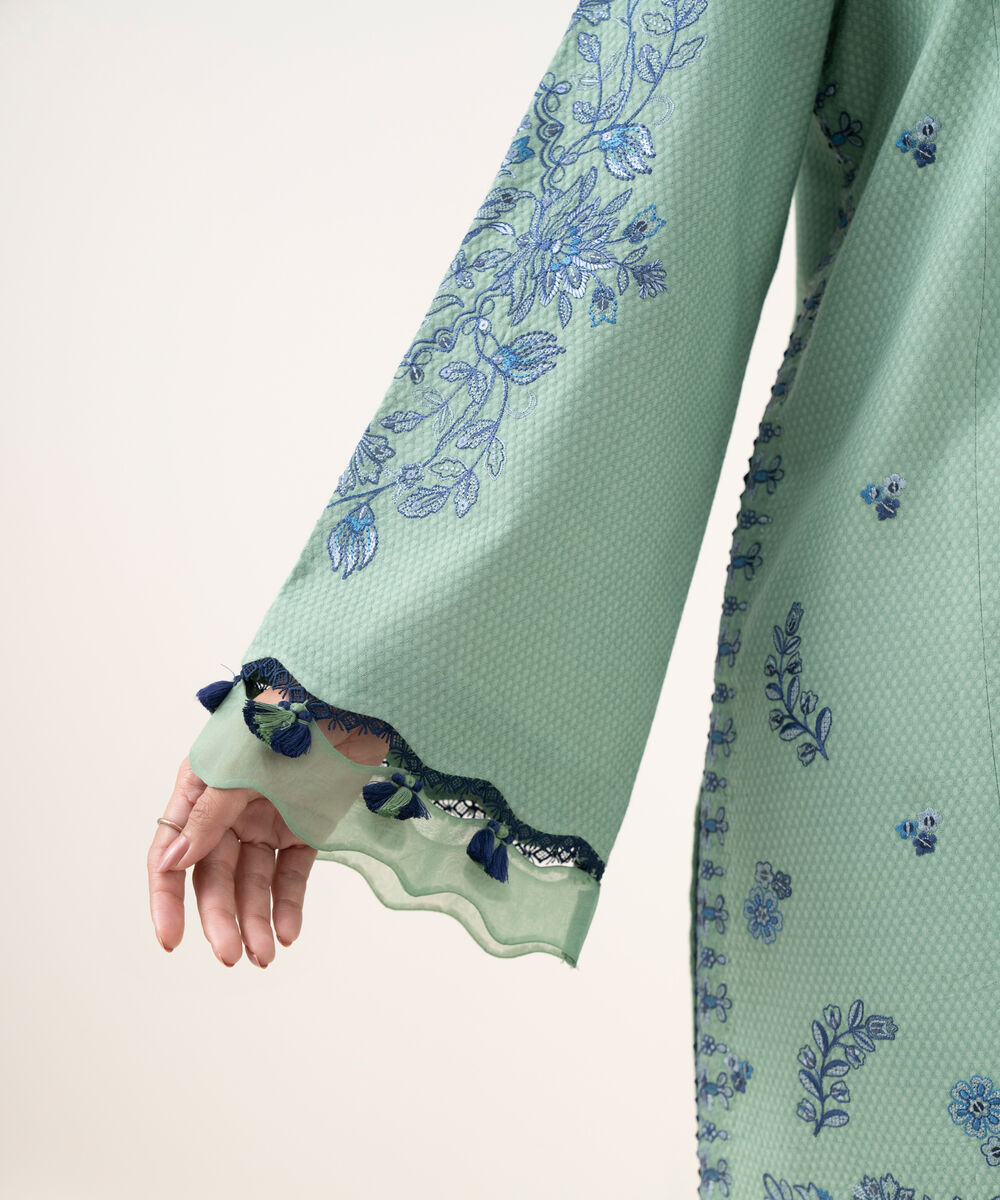 Women's Unstitched Dobby Embroidered Green 3 Piece Suit