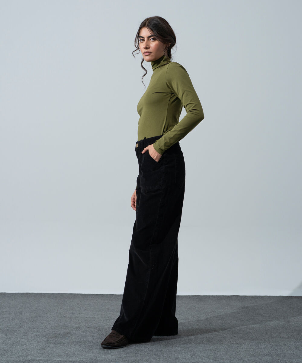Women's Western Wear Black Cotton Corduroy Wide Leg Pants