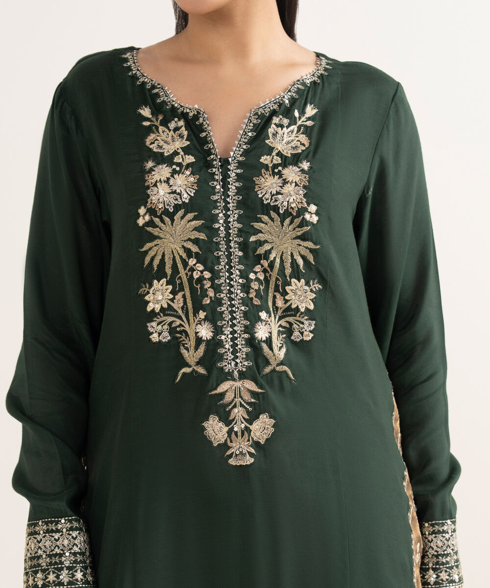 Women's RTW Viscose Raw Silk Embroidered Green 2 Piece Suit
