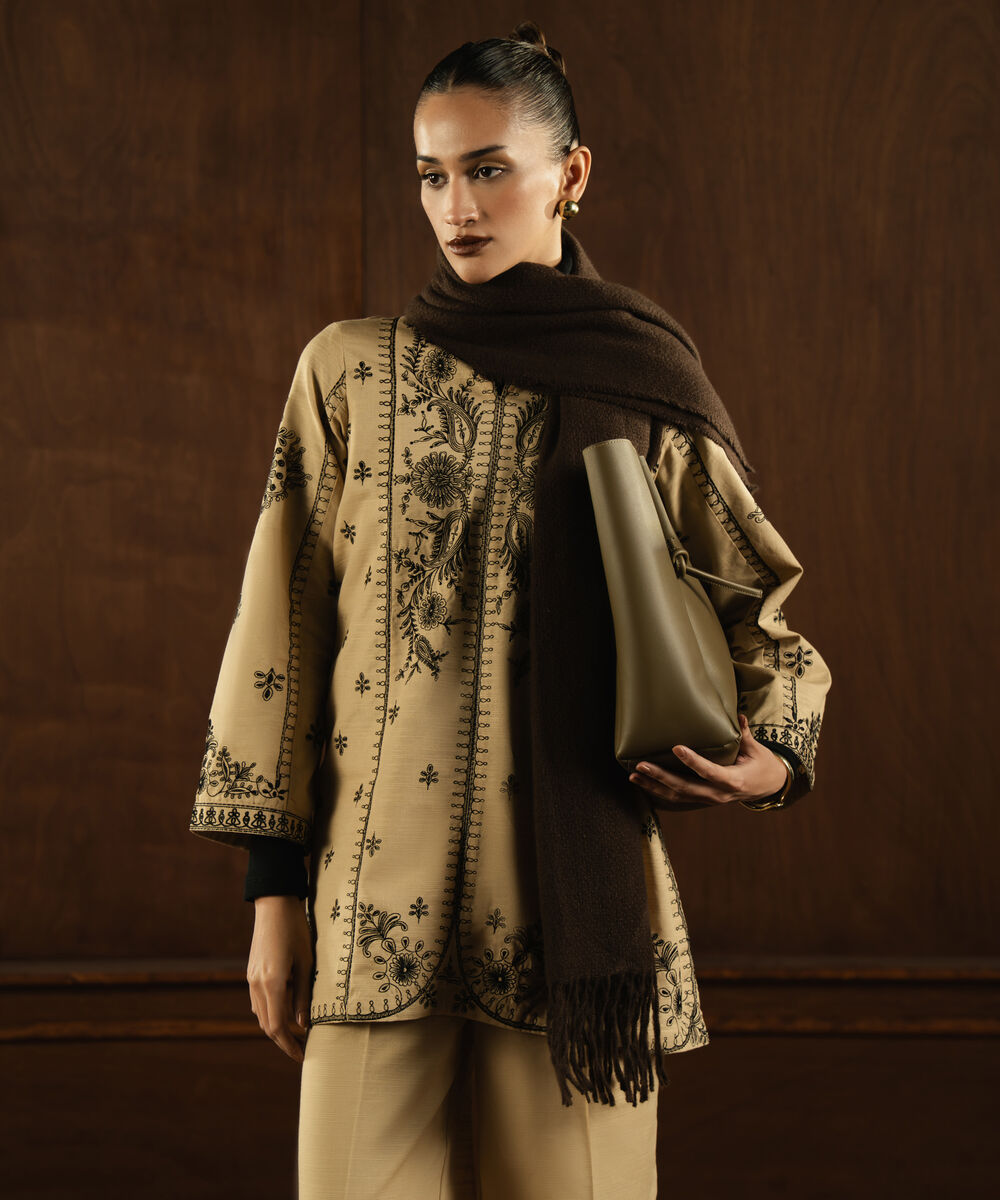 Women's RTW Khaddar Embroidered Beige Straight Shirt