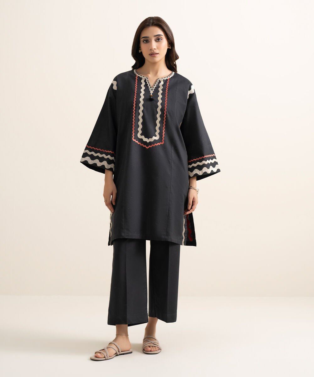 Women's RTW Multi Neps Embroidered Black Drop Shoulder Shirt