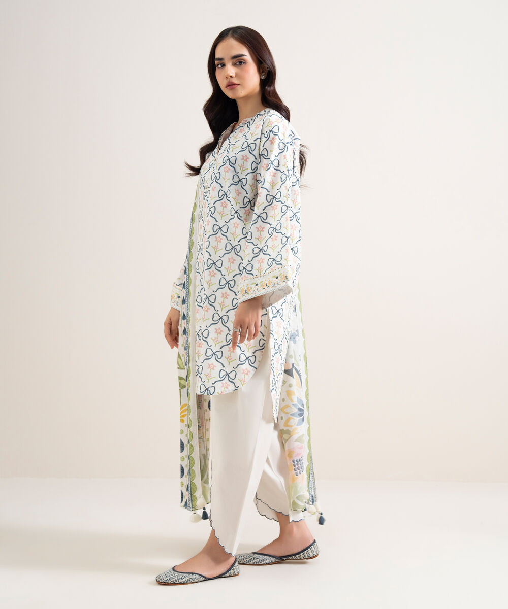 Women's Unstitched Lawn Printed Off White & Blue  3 Piece Suit