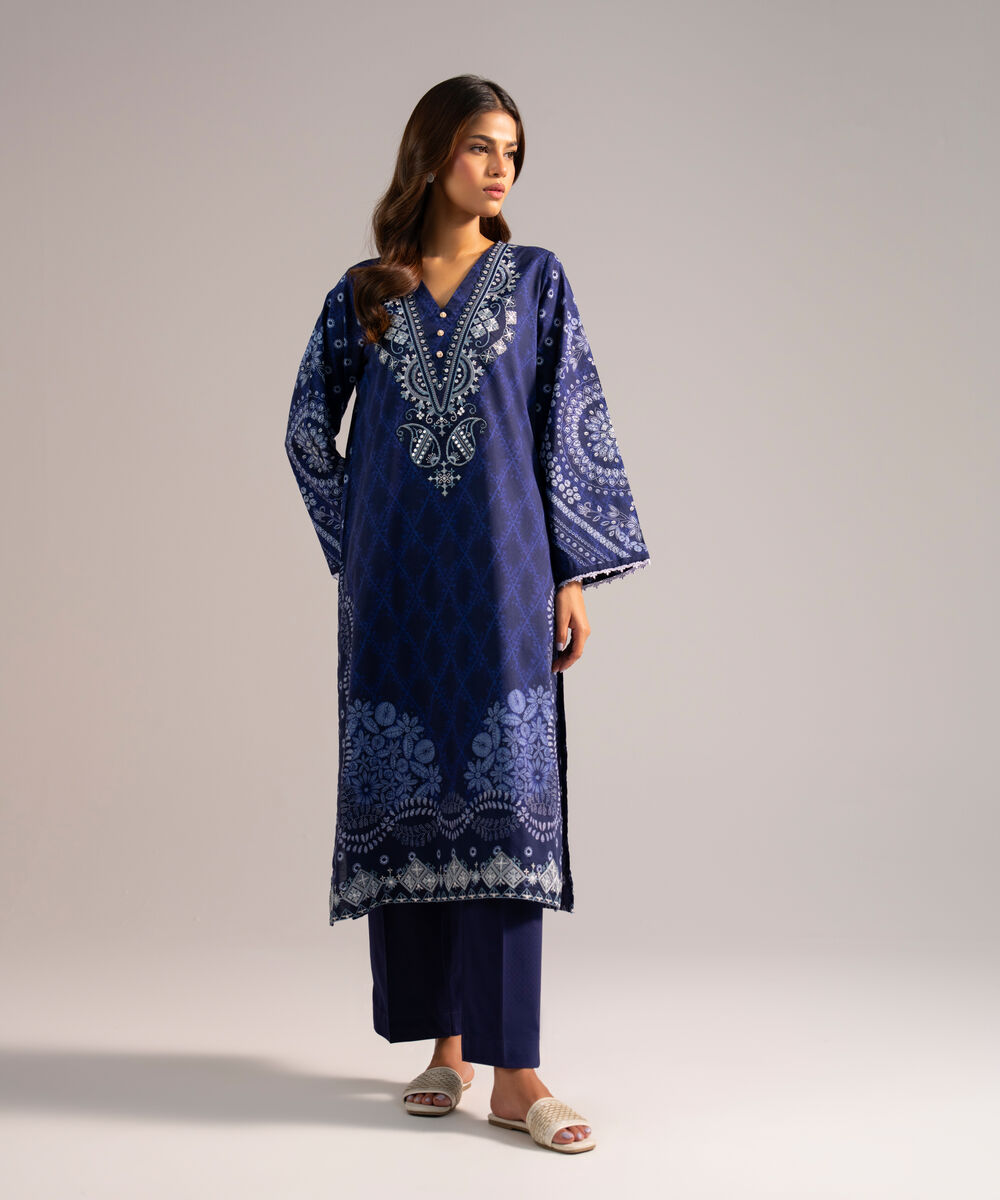 Women's RTW Dobby Embroidered Dark Blue 2 Piece Suit