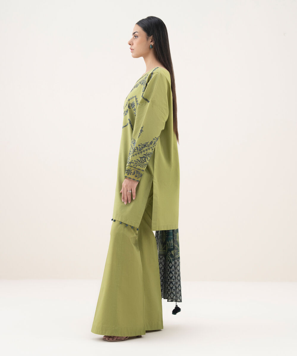 Women's Unstitched Cotton Embroidered Green 3 Piece Suit