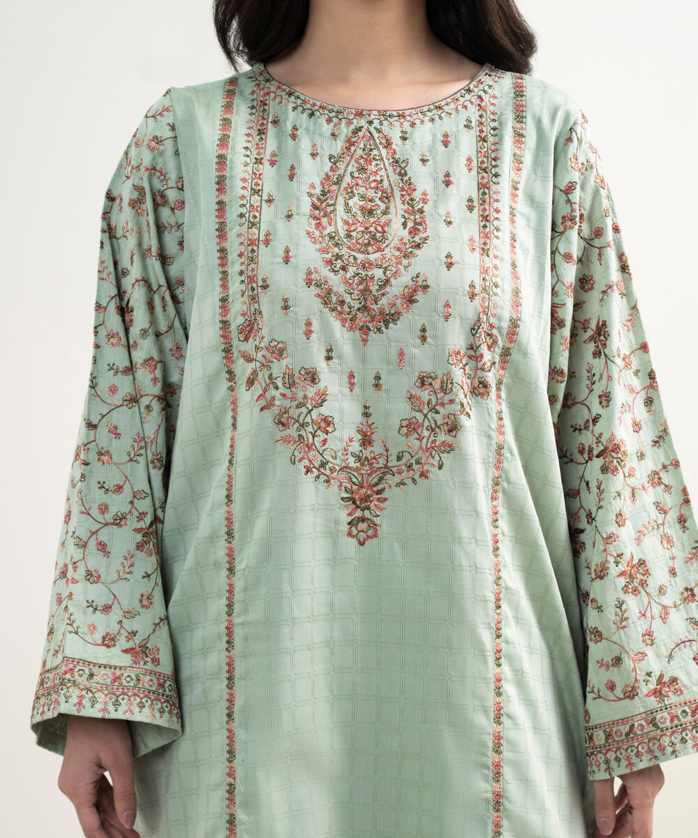 Women's RTW Dobby Embroidered Green 3 Piece Suit