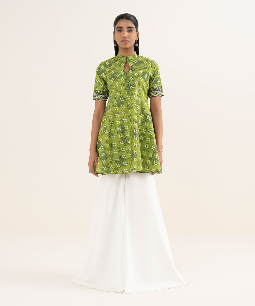 Women's Unstitched Cotton Printed Green Shirt