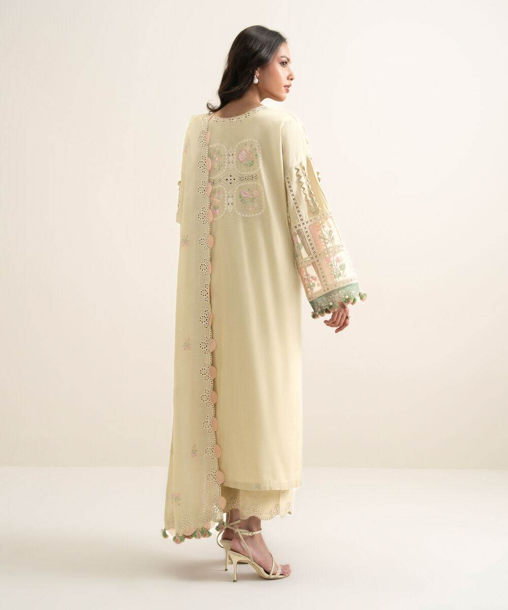 Women's Unstitched Slub Lawn Embroidered Beige 3 Piece Suit