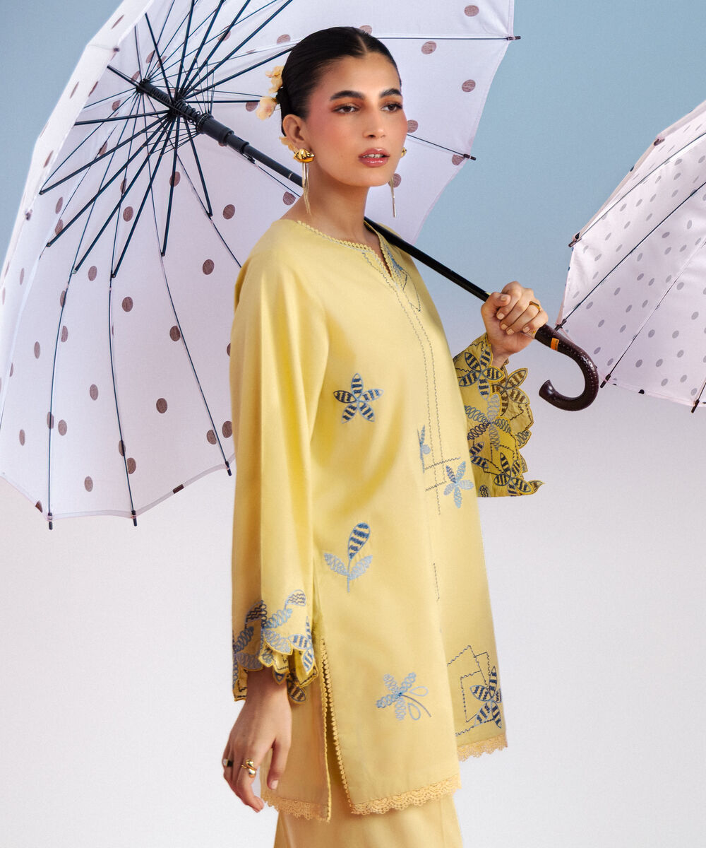 Women's RTW Cotton Viscose Embroidered Pale Yellow A-Line Shirt