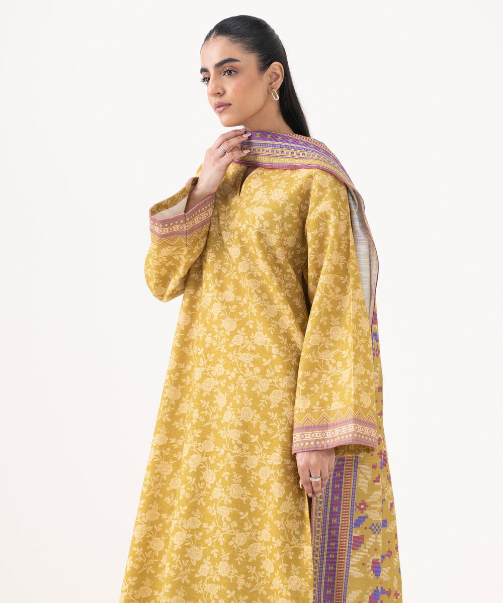 Women's Unstitched Khaddar Printed Yellow 3 Piece Suit