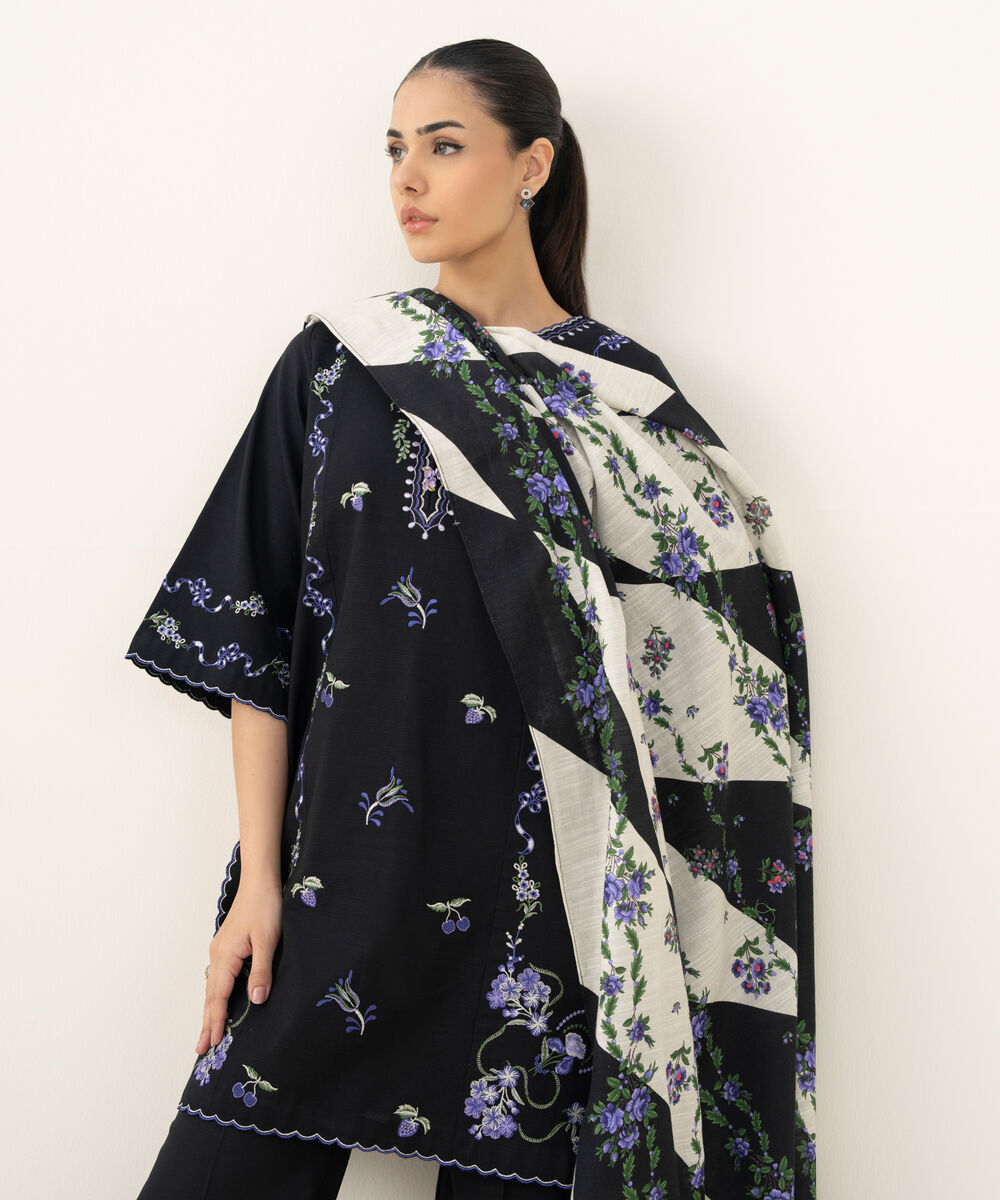 Women's Unstitched Embroidered Khaddar Black 3 Piece Suit