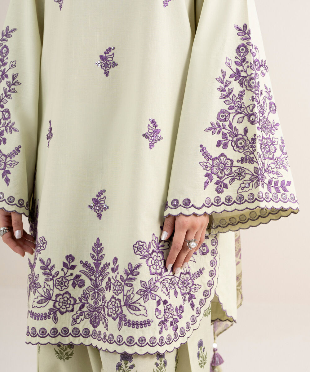 Women's Unstitched Textured Lawn Embroidered Off White 3 Piece Suit