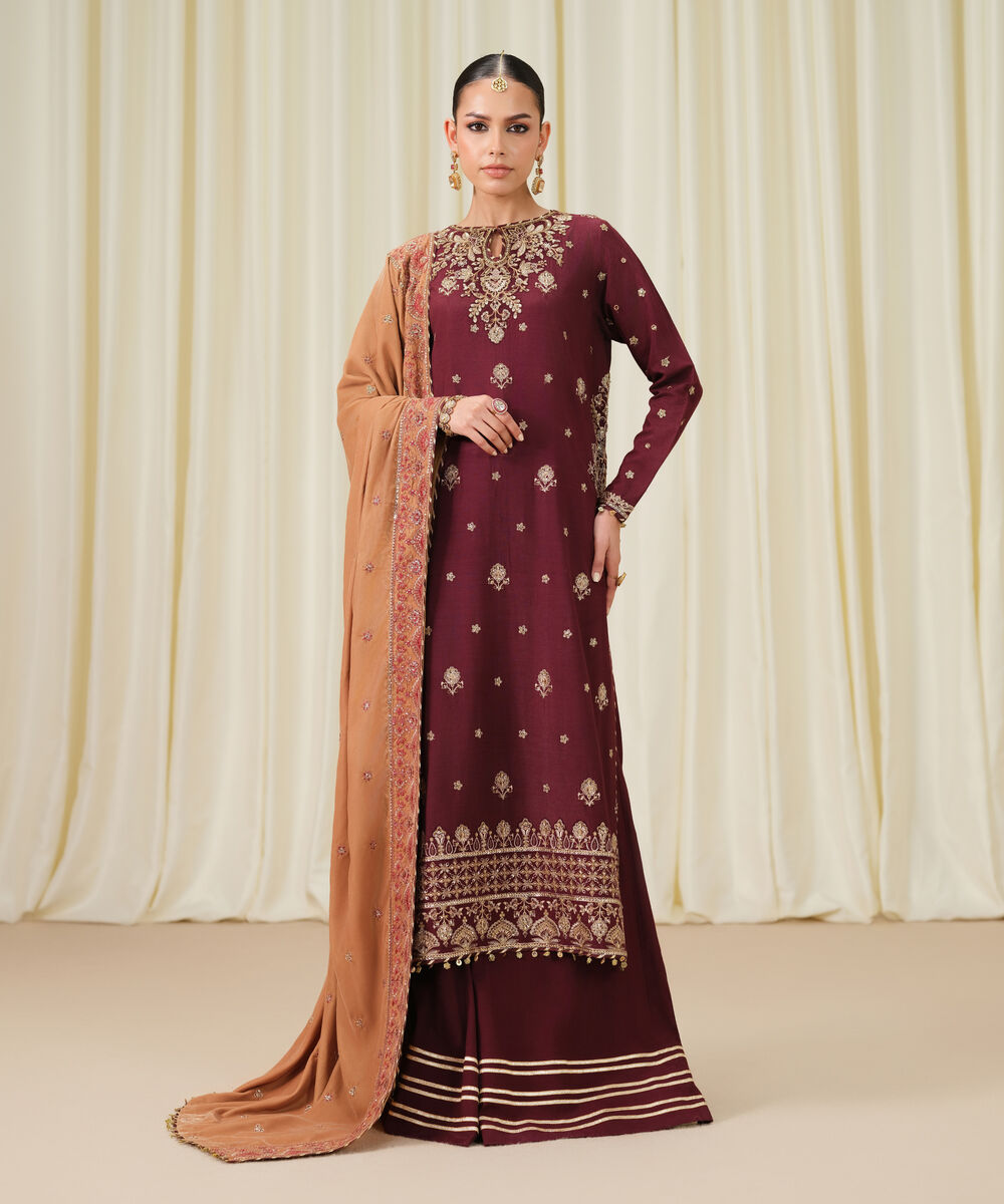 Women's Unstitched Embroidered Viscose Raw Silk Maroon 3 Piece Suit