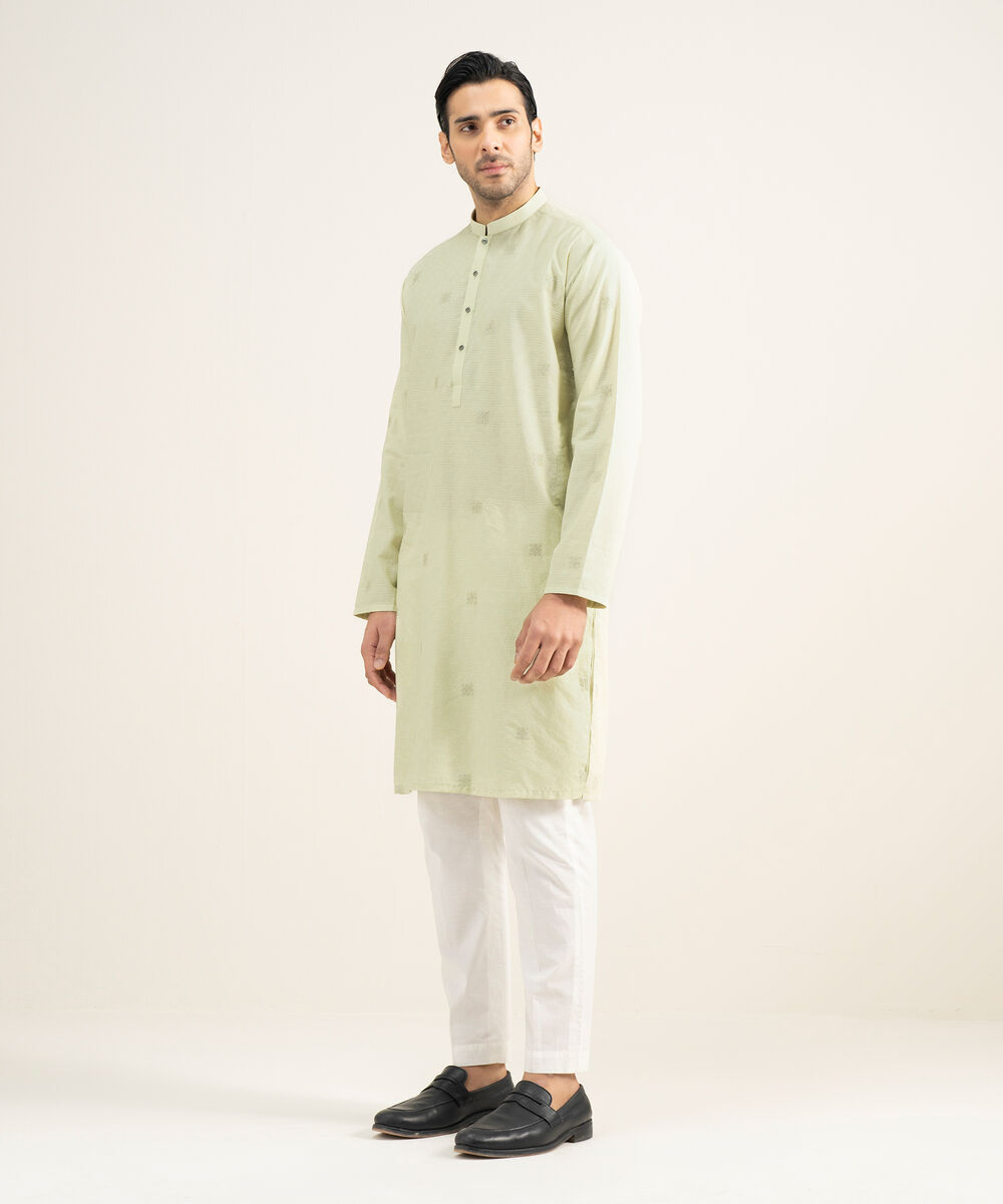 Men's Stitched Cotton Dobby Lime Kurta