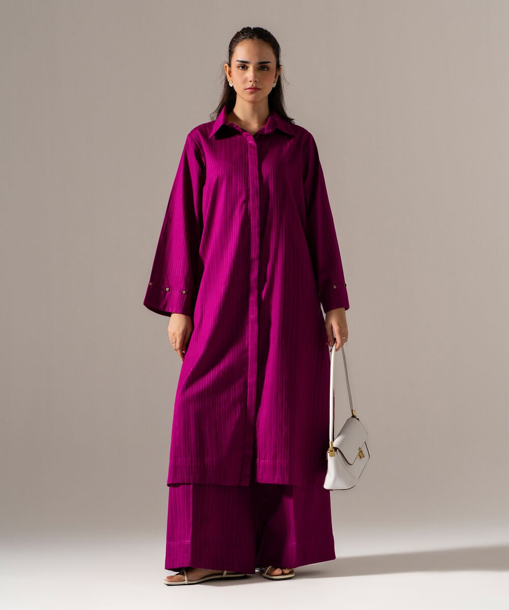 Women's RTW Dobby Strip Solid Purple 2 Piece Suit