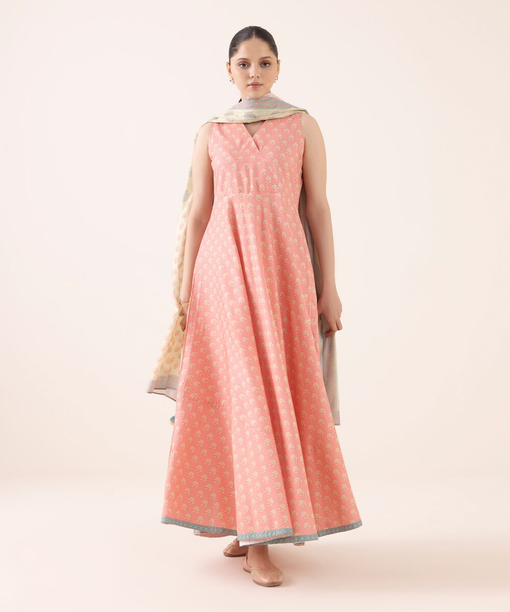 Women's Unstitched Arabic Lawn Printed Pink 3 Piece Suit