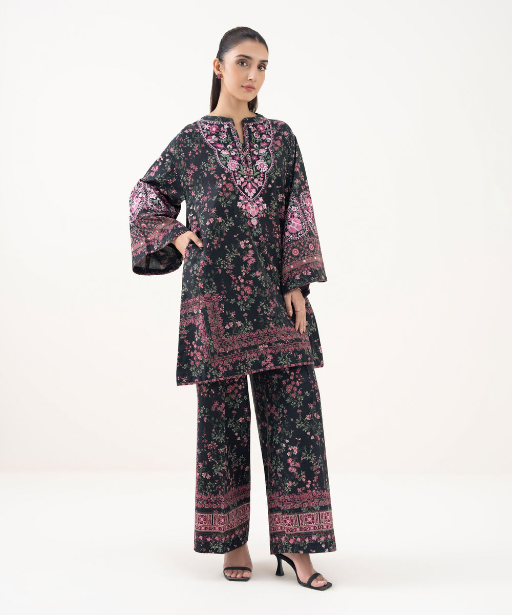 Women's Unstitched Lawn Embroidered Black 2 Piece Suit